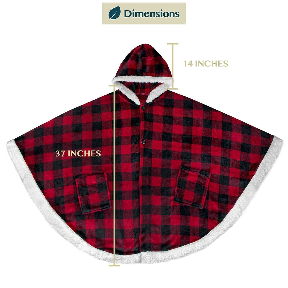 Warme  Poncho - deken met capuchon: Geruit rood / Fleece voor de winterdagen