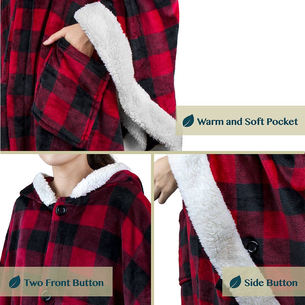 Warme  Poncho - deken met capuchon: Geruit rood / Fleece voor de winterdagen