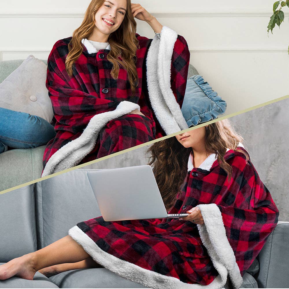 Warme  Poncho - deken met capuchon: Geruit rood / Fleece voor de winterdagen