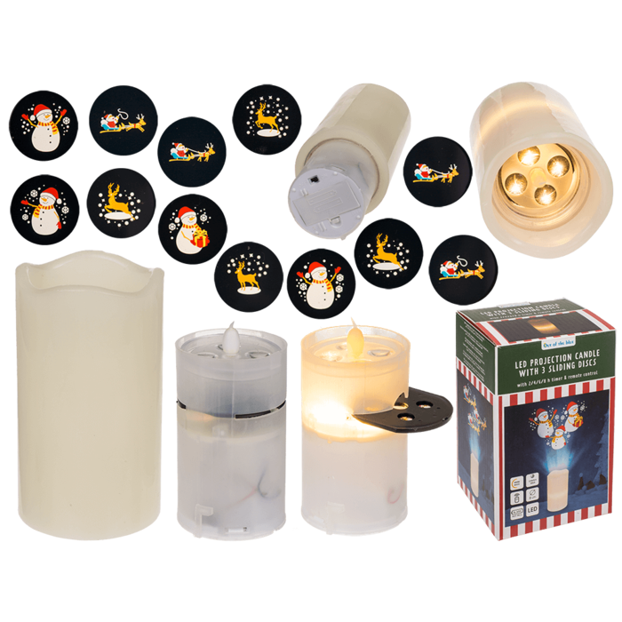 LED-kaarsprojector, Kerstmis, 8 x 15 cm sneeuwpop rendier arreslee