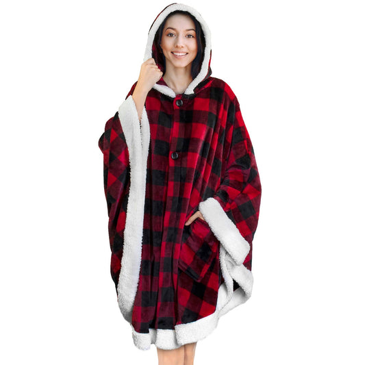Warme  Poncho - deken met capuchon: Geruit rood / Fleece voor de winterdagen